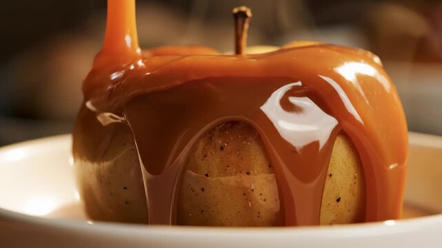 Pouring Caramel Sauce Over Baked Apple Dessert, Close Up