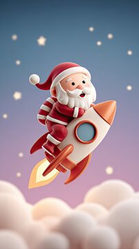 A whimsical illustration of Santa Claus riding a rocket through a starry night sky, embodying holiday cheer and festive adventure.