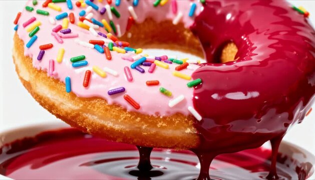 Ruby Chocolate Dipping Donut Close-Up, perfect for Chocolate Day, Chocolate Covered Anything Day, and Holiday Promotions