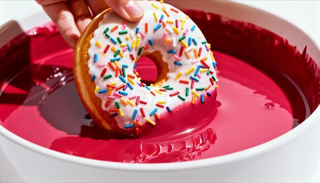 Ruby Chocolate Dipping Donut Close-Up, perfect for Chocolate Day, Chocolate Covered Anything Day, and Holiday Promotions