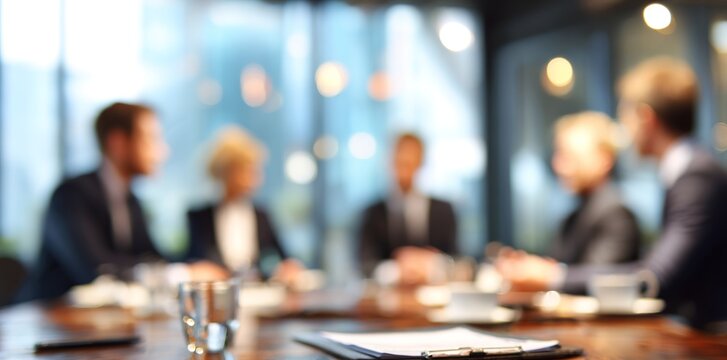 Business Meeting with Blurred Background of Professionals in Suits Discussing at Table. High quality