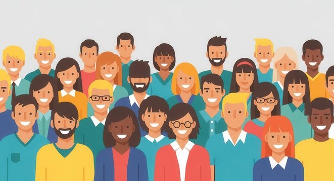 Diverse group of smiling people stand together in a crowd illustration - Powered by Adobe