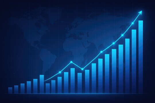 Global business growth chart upward trend bars line graph world map backdrop for finance and economy - Powered by Adobe
