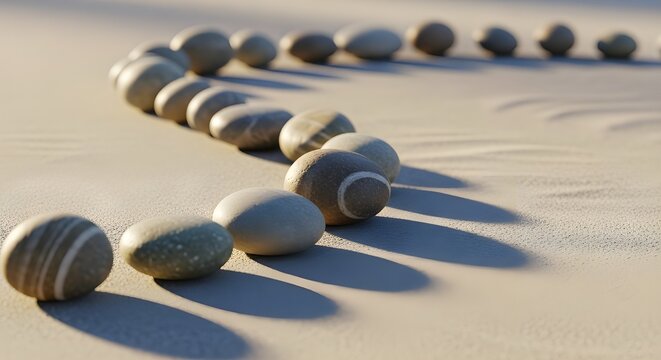 zen stones on the beach_Smooth pebbles arranged in a gentle curve on sand like surface with warm side light.