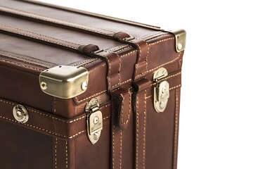 Closeup of an Elegant Brown Leather Trunk with Brass Fittings and Fastenings