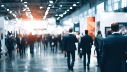 Photo captures crowd of business executives in formal suits at blurred exhibition hall. Conference event with copy space ideal for networking collaboration, pro presentations, successful business