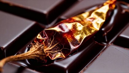 dried chili pepper being completely encased in a shimmering layer of dark chocolate, spicy sweet fusion, perfect for world chocolate day, chocolate covered anything day, and gourmet confectionery adve