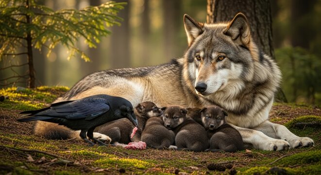 A wolf lies down with her newborn pups in a forest clearing as a crow eats nearby.