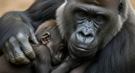 A gentle adult gorilla tenderly holds a baby gorilla in a close-up portrait with warm © O_studio