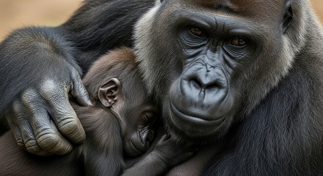 A gentle adult gorilla tenderly holds a baby gorilla in a close-up portrait with warm