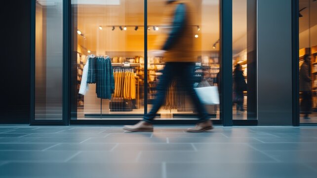 Urban retail storefront with large windows and display, featuring stylish clothing and footwear, in busy shopping area