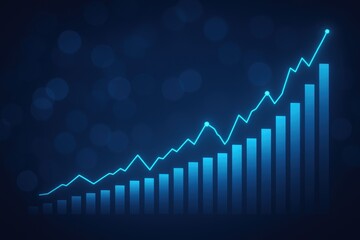 Rising blue line graph and bar chart showing upward trend, stock market growth, financial success, and business analytics.
