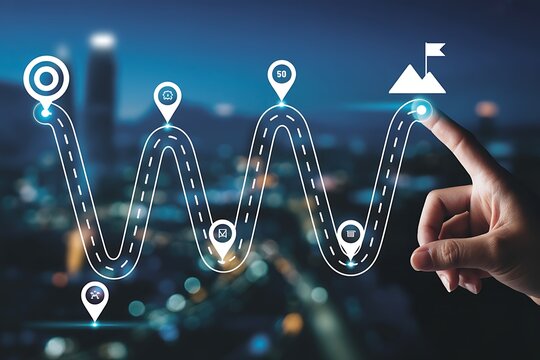 Business and Project Roadmap Concept. Touching on virtual screen with roadmap overlay representing steps in a project or strategic planning process. Waypoint icons and ends with goal achievement.