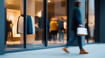 Urban retail storefront with large windows displaying fashion apparel in vibrant city environment