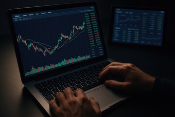 Trader analyzes market charts on laptop, stock graphs and data on tablet screen, financial analytics