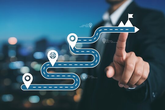 Business and Project Roadmap Concept. Touching on virtual screen with roadmap overlay representing steps in a project or strategic planning process. Waypoint icons and ends with goal achievement.