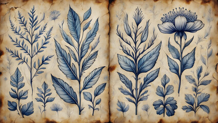 Botanical illustrations of blue leaves and flowers on aged parchment paper image photo