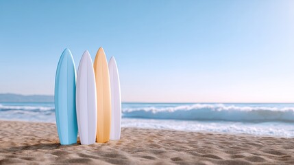 Colorful Surfboards Standing on Sandy Beach Under Clear Blue Sky with Gentle Waves in Background on a Bright Sunny Day