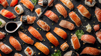 Assorted sushi and rolls on a dark stone background wallpaper 4k, generative ai