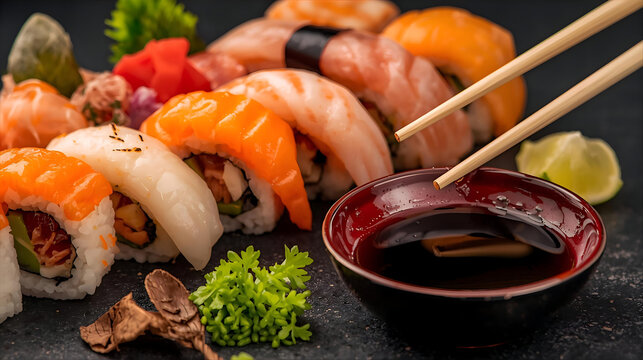 Delicious sushi set with soy sauce and chopsticks on a dark plate wallpaper 4k, generative ai