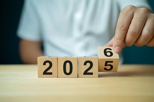 Transitioning from 2025 to 2026 with wooden blocks. Challenge target business for the upcoming year. Representing new year resolution, new beginnings, planning and success achievement.