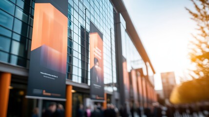 Urban convention center with people gathering outside, featuring bright banners and modern architecture during daylight hours