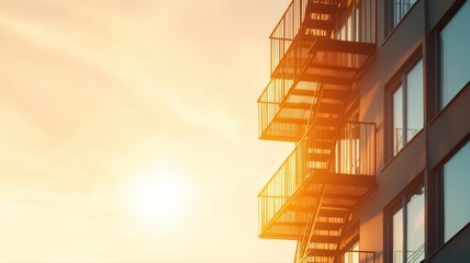 Urban apartment building with fire escapes under warm sunset sky captured in contemporary style