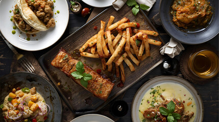 Overhead shot of various dishes served on a dark wooden table wallpaper 4k, generative ai