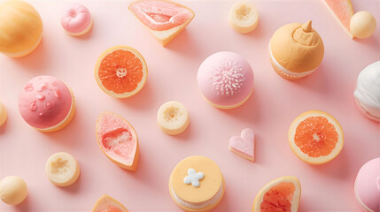 Pastel colored sweets and fruit on a pink background wallpaper 4k, generative ai