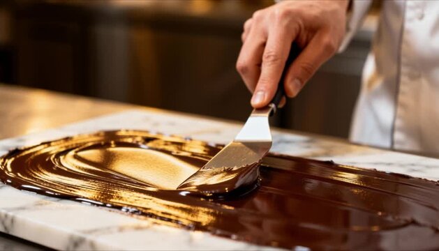 close up of chef's hand using spatula to smoothly temper melted dark chocolate on marble slab, perfect for world chocolate day, chocolate covered anything day