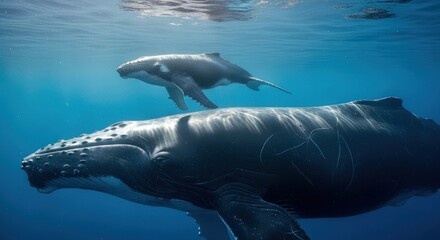 Fototapeta premium Two humpback whales swimming underwater