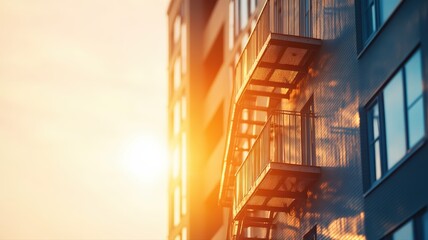 Urban apartment building with fire escapes illuminated by sunset in city landscape