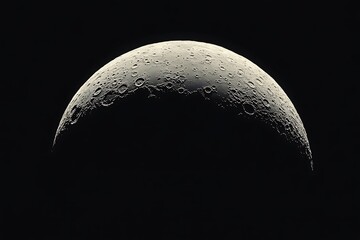 Detailed Crescent Moon Phase with Visible Craters and Texture Against Black Space
