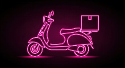 Fototapeta premium Illuminated outline of a motorized scooter carrying a package glows against a dark background