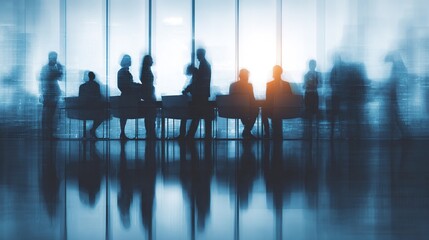Group of businesspeople negotiating gathered in modern conference room, blurred silhouettes view, meeting behind closed glass doors. AI Generated Images. High quality