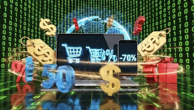 Online sale promotion with laptop and phone for cyber monday shopping discount offer deals