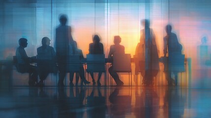 Group of businesspeople negotiating gathered in modern conference room, blurred silhouettes view, meeting behind closed glass doors. AI Generated Images. High quality