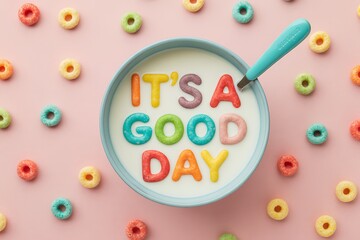 Colorful Cereal Spelling "It's a Good Day" in Milk Bowl