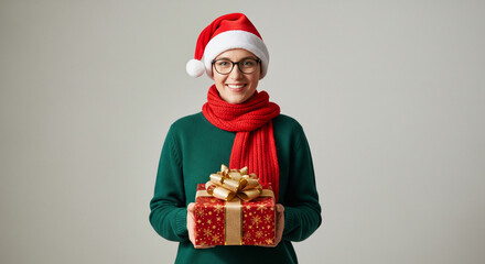 Cheerful Woman in Santa Hat and Red Scarf Holding a Christmas Gift, Smiling at Camera