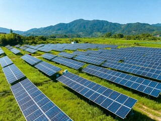 a photovoltaic power plant, with solar panels on the ground in a rural area of china.