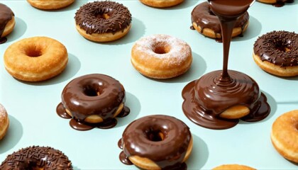 top down view of assorted donuts slowly being glazed with thick milk chocolate, bright bakery lighting, perfect for world chocolate day, chocolate covered anything day - Powered by Adobe