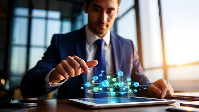 Businessman interacting with a futuristic holographic network projection on a tablet device technology