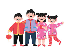Cute Chinese children wearing traditional red and pink outfits happily celebrating Lunar New Year together symbolizing friendship joy and festive cultural celebration in flat kawaii style