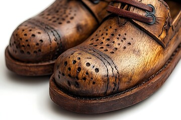 Elegant Brown Leather Brogue Shoes Detailed with Perforations on White Background