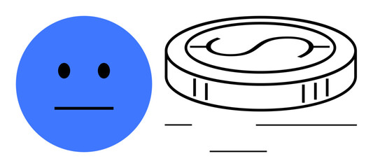Blue circular emotionless face next to minimalist dollar coin sketch. Ideal for concepts thumbs up finance, economy, value, emotionless reactions, wealth management, investment trends, simple flat