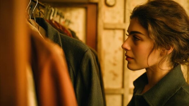 A woman looks at clothing hanging in a closet, with warm light casting shadows