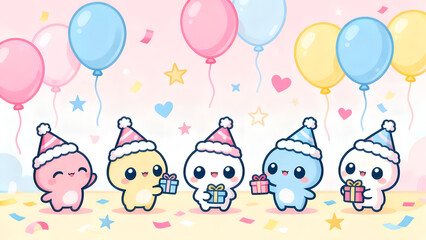 Pastel kawaii New Year party illustration showing who celebrates with joy, what colorful festive scene appears, when new year eve, where in bright pastel room, why spreading cheerful vibes