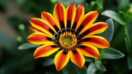 Gazania Rigens Flower Head with Striking Yellow, Orange, Red Petals and Green Center