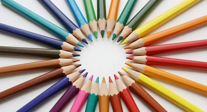 Colorful pencils arranged in a radial circle on a white background, symbolizing creativity, diversity, and education.
