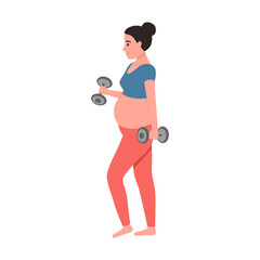 Pregnant woman exercising with dumbbells. Pregnant woman doing exercise. The concept of maternal health care.